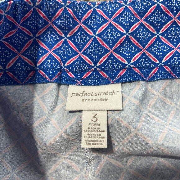 Chicos Womens XL Perfect Stretch Capri Pants Blue Geometric Print Elastic Waist - Picture 5 of 10